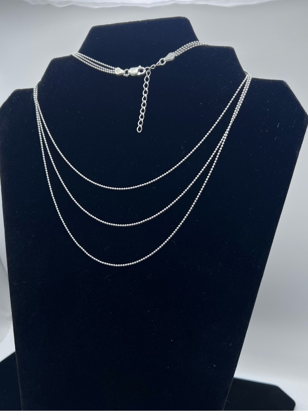 925 Sterling Silver Triple Strand Beaded Chain Necklace Adjustable Layered